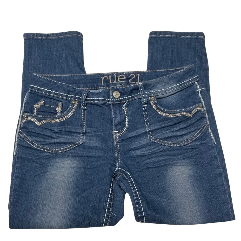 Rue21 Jeans‎ Womens 9 Y2K Blue Skinny Ankle Low Rise Embroidered Western Stretch